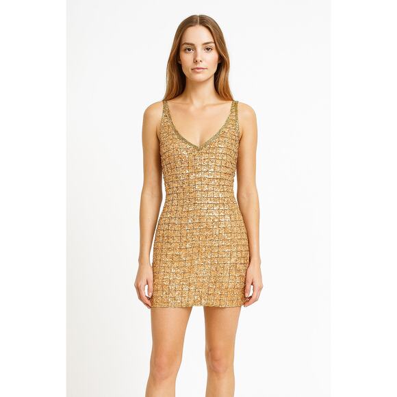 Vintage A.J. Bari Silk Cocktail Peach Gold Beaded All Over Sequin Fairy Dress 8‎ - Picture 1 of 8